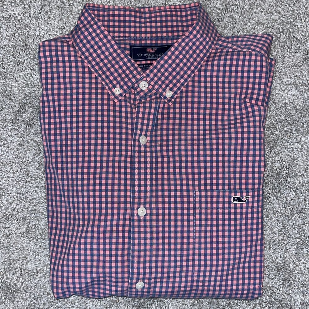 Pink Blue Plaid Check Tucker Whale LS slim fit dress work business Shirt XL